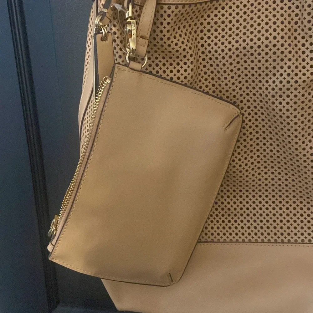 Vince Camuto Sand Perforated Drawstring Hobo Bag with leather pouch